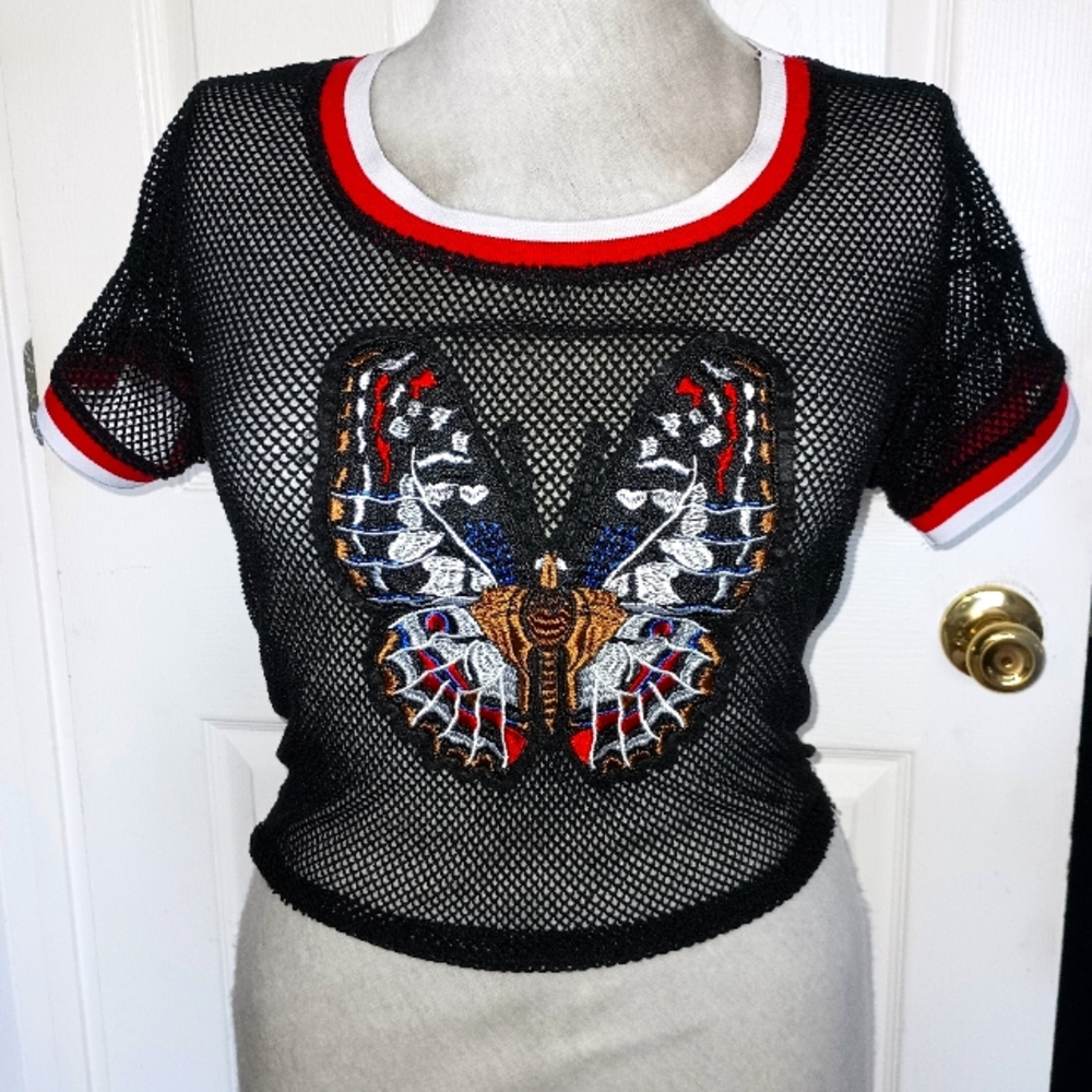 Make offer!! Almost Famous fishnet crop top with butterfly